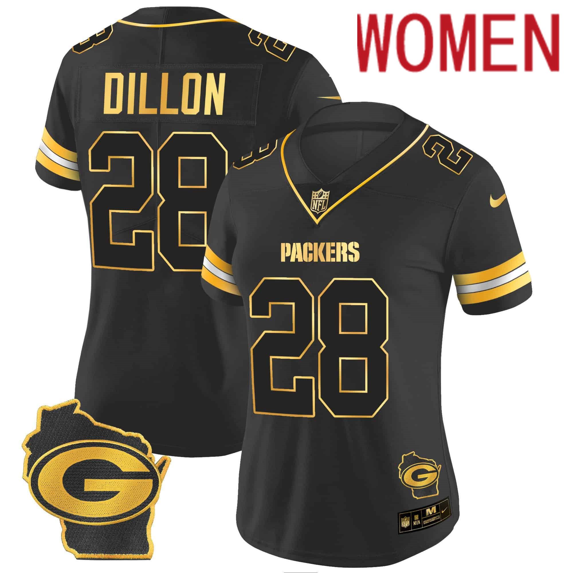 Women Green Bay Packers #28 Dillon Black Gold 2024 Nike Home Patch Vapor NFL Jersey style 2